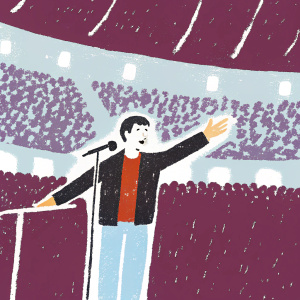 Cristiano Ronaldo, wearing a black jacket and red t-shirt, gives a speech at a stadium filled with cheering fans.