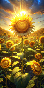 Crea una imagen Realista de: Un sol brillante iluminando un campo de girasoles con monedas de oro en sus centros, representando el optimismo en la economía. 64K. Cinemático. Finos detalles