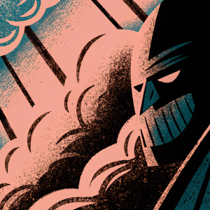 Detailed character sketch of a menacing figure with swirling lines and shapes on brown paper.