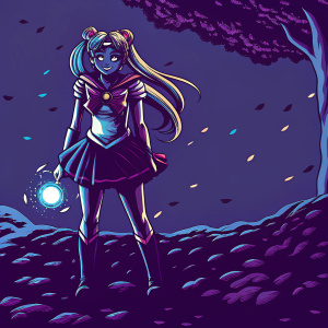 Usagi Tsukino from Sailor Moon, with a radiant smile, standing in a vibrant anime scene.