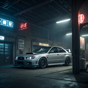 Silver Subaru WRX STi parked in a dimly lit garage. Neon signs flicker in the background