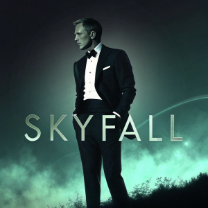 Promotional poster for 'Skyfall'. Silhouette of James Bond in a tuxedo. Dark and moody color scheme with hints of green.