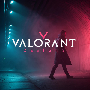 Valorant Designs logo on a dimly lit, abstract background. The brand name Valorant Designs is displayed in bold font against a backdrop of swirling, dark gradients.
