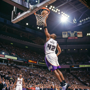 Vin Baker, NBA player, dunks the ball in a packed stadium. White and purple jersey, number 42. Bright lights, audience cheering