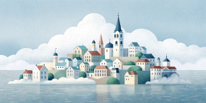 White illustration, Rene magritte style, isolated surrealistic collage of a lot of historical prague houses and trees on island, huge ocean and big sky, light pastel colors, asymmetrical composition, zoom out view, grainy texturing paper
