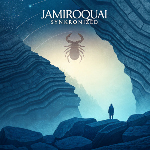 Abstract album cover for Jamiroquai's Synkronized. Blue and stone tones dominate. Layered rock formation with a shadowy creature-like shape in the center.