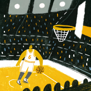Jordan Clarkson, in a Lakers jersey with number 6, poses mid-dribble at a packed arena. Spectators fill the stands, lights shining bright.