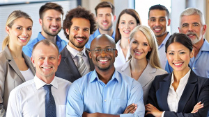 Diversed team of employees happy