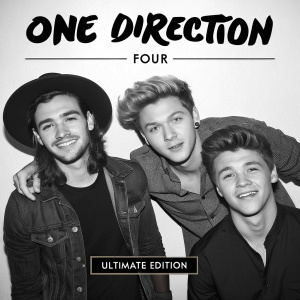 Black and white promotional poster for One Direction's 'Four' album. The band members, showcasing their camaraderie, against a plain background. 'One Direction' at the top, 'Ultimate Edition' at the bottom.