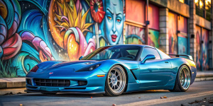 Corvette, C5-R, race car, boost pearl blue,  oversized wheels, very detailed rims, lowered, stanced, slammed, super wide body kit, cinematic street with graffiti art in background
