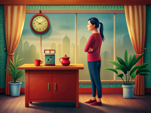 A Chinese gerl stands thoughtfully in front of the table and looks at the alarm clock