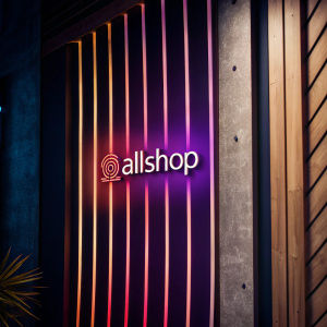 Modern logo design of Allshop. Vibrant purple backdrop with soft, glowing lines and a gradient effect.