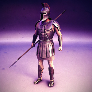 3D rendering of a Spartan warrior from Sparta: War of Empires. Wearing detailed armor including intricate breastplates and shoulder guards. Poised stance with focused expression. Tunic and kilt-like garment. Open-toed sandals. Weaponry includes realistic spear and bow. Dark background highlights the warrior. Lighting and shading add depth and volume.