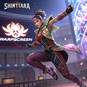 Shintiara, a video game character, mid-jump in a dramatic pose. Wearing a unique, stylized outfit. Warpscreen text and battle graphics in the background.