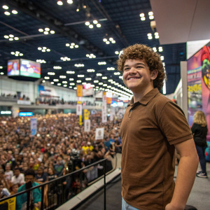 Gaten Matarazzo at the Comic-Con panel. Wearing a brown polo shirt, standing in a large convention hall filled with excited fans and banners.