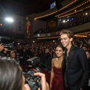 Vanessa Hudgens and Austin Butler at the premiere of their new movie. Crowded theater with flashing cameras.