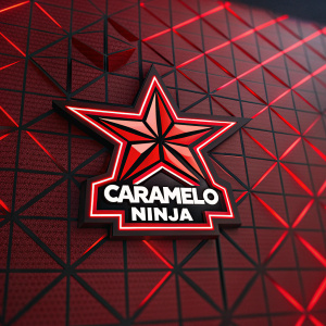 Logo for Caramelo Ninja. A sleek, modern design featuring a vibrant starburst emblem. The star is outlined in bold, sharp angles. The logo uses a predominantly crimson palette. The text 'CARAMELO NINJA' appears beneath the star, integrated into a geometric, red-toned background pattern.