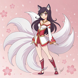 Digital art piece featuring Ahri from League of Legends. Character illustration with detailed anime-style features. Pastel pink background