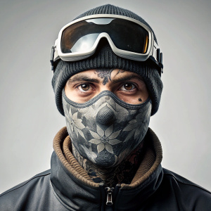 isolated gangster face with face tattoo and skimask with words pattern