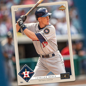 Craig Biggio, Houston Astros player, in batting stance. Baseball card from 1999 Upper Deck Hitter's Club series.