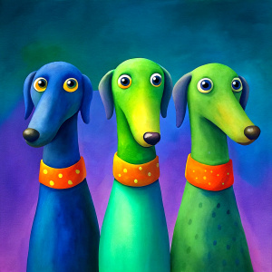 A cartoonish three large and skinny hairy dogs with big round eyes, black ears and light brown fur.
they wears a red and blue scarf with white polka dots tied around his neck.
The dog's eyes are very expressive, giving a friendly and curious feeling.
The visible texture suggests that the work is painted on old wood background.
It is a very colorful and cheerful artistic painting
