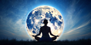 silueta de mujer meditando y detras una luna llena brillante con un fondo que refleja calma y paz, espacio con elementos zen y armoniosos, cielo claro y brillante, espiritual



