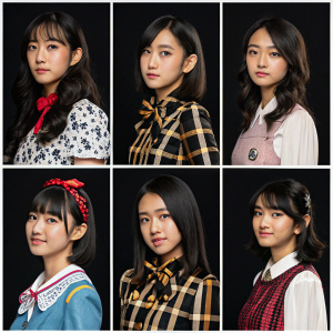 Grid of individual portraits featuring JKT48 members. Each member in different stylish outfits, all against a dark background.