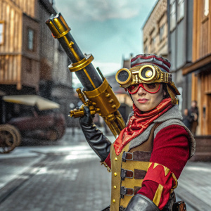 Digital artwork of Heroes of the Storm characters Volskaya Crane, designed with a modern steampunk aesthetic featuring intricate brass and iron gears. The machines are portrayed in vivid hues of red and gray, set against a backdrop of a bustling futuristic cityscape.