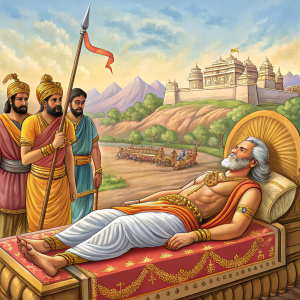 Illustration of Bhishma's death from Mahabharata in traditional Indian art style, featured in educational article