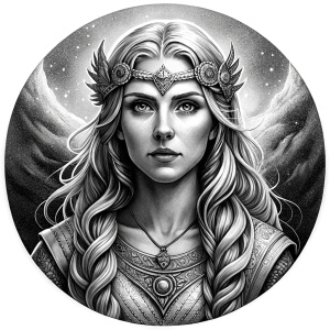 Frigg - Nordic Goddess perfect realistic art, high-definition grey and black, white background tattoo design