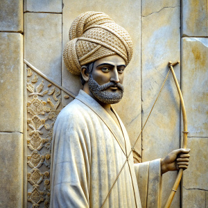 Draw a figure of an Iranian man standing, which represents the legendary character named Arash the famous archer with silver travertine background.
