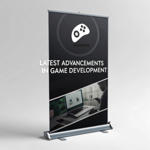 A sleek digital marketing banner featuring a black background and text in a clean sans-serif font. The content discusses the latest advancements in game development and includes several clickable links to related websites.