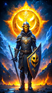 A man standing in front of happiness with a sword and a shield
And his face is sadness