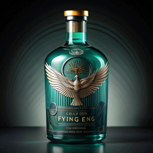 Make a Premium Gin bottle design, the name is Flying Emu Gin. Use ribbed bottle. Use the emerald green also.