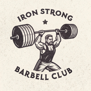 Vintage logo for Iron Strong Barbell Club featuring a detailed illustration of a strongman. Bold, stylized text in monochromatic colors. Textured, grained background highlighting themes of strength and hard work.