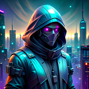 a cyberpunk agent with hoody, city in background,