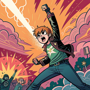 Comic book art featuring Scott Pilgrim in an intense battle scene from issue #4, surrounded by energetic, vibrant colors and dynamic designs.