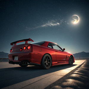 Digital artwork showcasing a sleek, bright red Nissan Skyline R34 GTR. The car is parked under moonlit night sky, its taillights casting dramatic shadows. Minimalist background