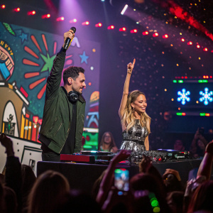 DJ AM and Nicole Richie at a high-energy concert. Festive stage backdrop, colorful lights, and enthusiastic crowd.