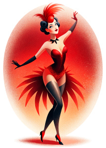 A full-body burlesque dancer, the image in a 1920s style with a predominant red color palette.