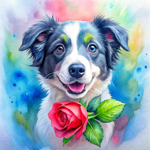 Cute Border Collie puppy with  red rose, Valentine's theme, smile funny and happily  The picture is a watercolor pattern with a white background.