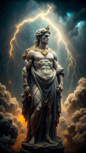 Cinematic 8K hyper-realistic, stoic marble statue, Greece in the background, dark background, Greek mythology, colossal, illuminated by radiant light, ultra detailed, is characterized by its extraordinary physical attributes and its imposing presence. storm rays background