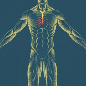 Detailed illustration of male torso, highlighting chest muscles and upper limbs. Chest cavity highlighted in red. Medical anatomy textbook