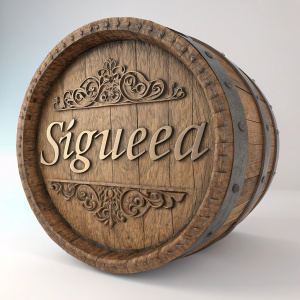 High-definition 3D render showcasing detailed texture of rustic wooden plaque. The word 'Sigüenza' elegantly etched into aged wood, set against a soft, neutral grey backdrop.