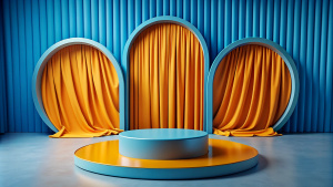Blue 3d Podium Background and Fabric Curtain at Luxury