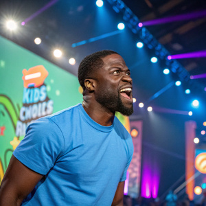Kevin Hart at Nickelodeon's Kids' Choice Awards. Wearing a blue t-shirt. Making a funny face. Bright stage lights, colorful backdrop.