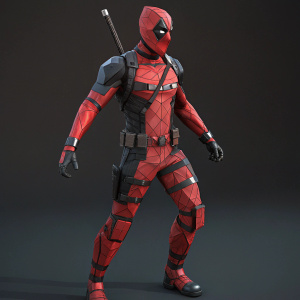 Modern 3D render of Deadpool, a fictional character with iconic red and black outfit. Low-poly geometric style. Dark, sleek background.