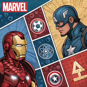 Comic book style artwork featuring Marvel superheroes arranged in a periodic table format. Each character symbolizes an element. Bright, vibrant colors with red, blue, and metallic hues dominate the design. The Marvel logo stands prominently at the top. Titles and symbols are clearly visible.
