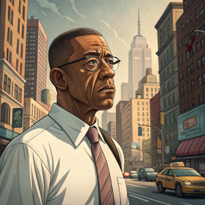 Cartoony depiction of Gus Fring from Breaking Bad. Wearing a white shirt, with a serious expression. Background is a bustling cityscape