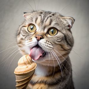 tabby-looking low-eared Scottish fold cat lick ice-cream